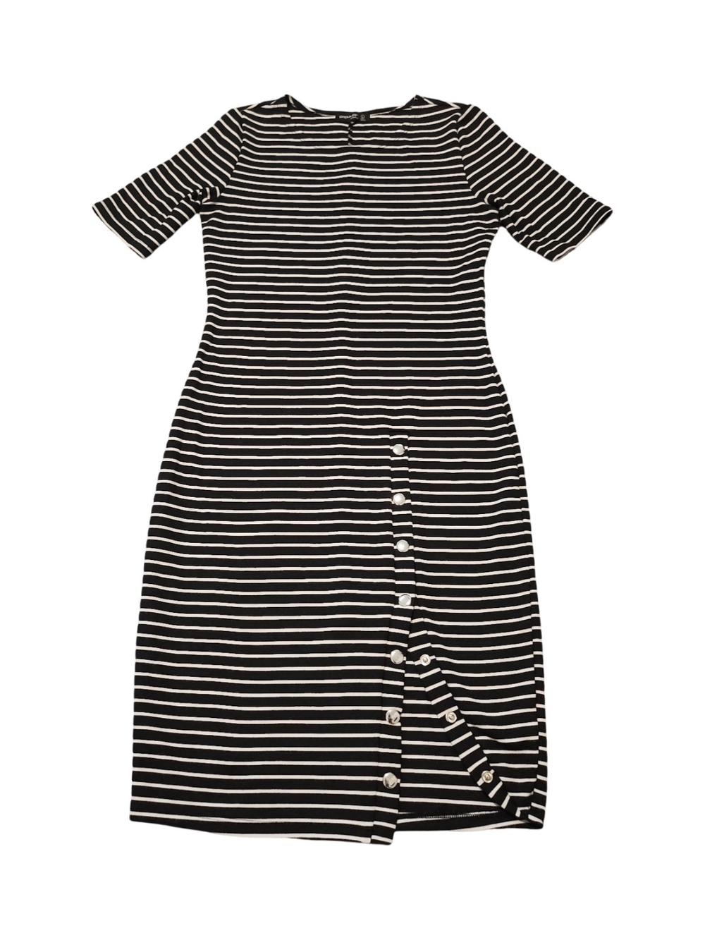 Striped Black & White Button-Front Midi Dress